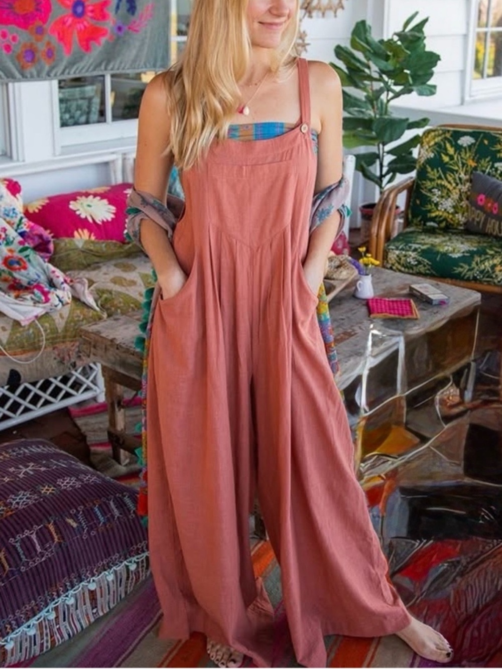 Natural Life Rust Terracotta Wide Leg Overall Jumpsuit Earthy Boho